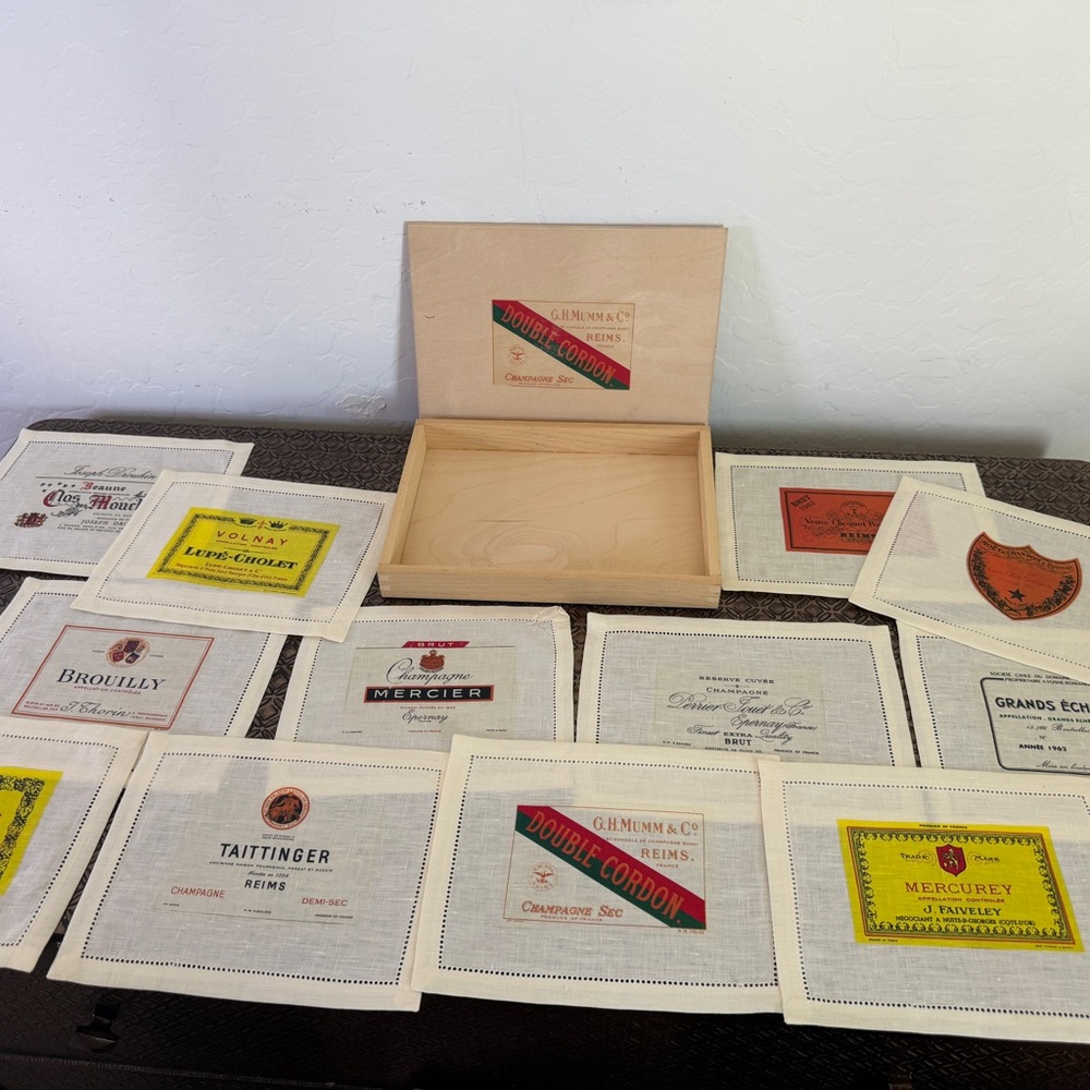 Vintage Set Of 12 Hemstitched Linen Cocktail Napkins, French Wine Labels